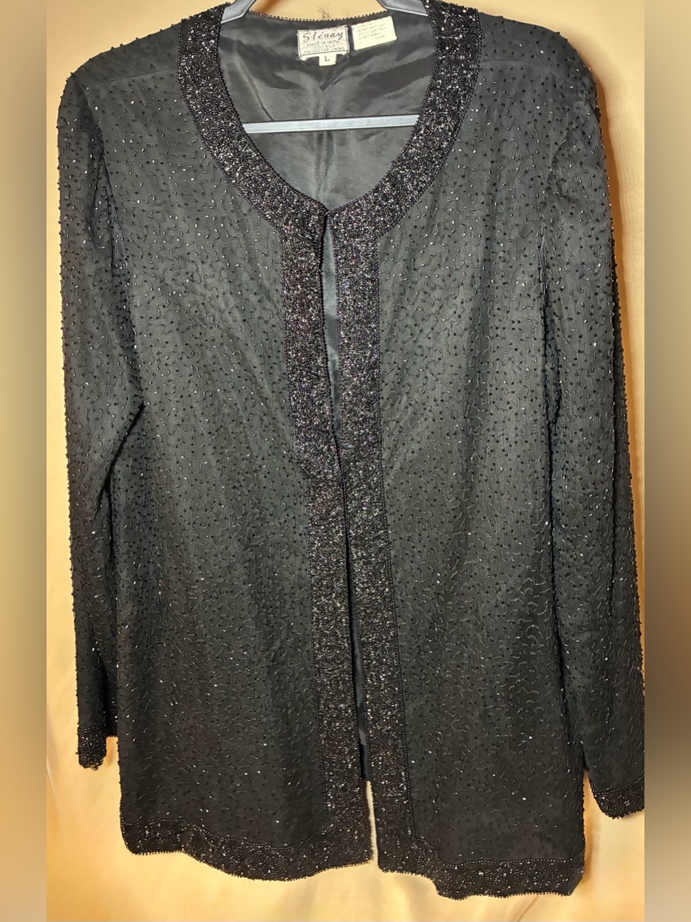 Vintage Sténay Black 100% Silk Hand Beaded Evening Jacket Size L